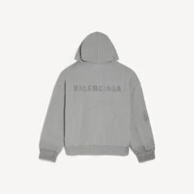 Balenciaga Herren-Hoodie mit Reißverschluss und „Balenciaga Back“-Aufdruck in Regular-Fit, Farbe: Balenciaga-Grau Balenciaga Herren-Hoodie mit Reißverschluss und „Balenciaga Back“-Aufdruck in Regular-Fit, Farbe: Balenciaga-Grau