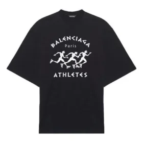 Balenciaga Herren-Laufshirt mit Musterdruck und Logo, locker geschnitten, kurzärmelig, schwarz 641614TJVK61070 Balenciaga Herren-Laufshirt mit Musterdruck und Logo, locker geschnitten, kurzärmelig, schwarz 641614TJVK61070