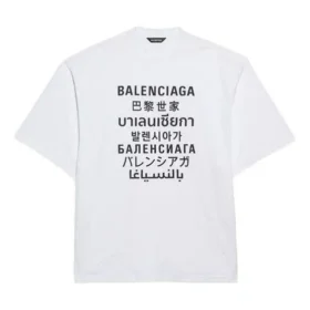 Balenciaga Herren-Pullover mit Rundhalsausschnitt, Kurzarm, weiß, mit Schriftzug, 641614TJVI39040 Balenciaga Herren-Pullover mit Rundhalsausschnitt, Kurzarm, weiß, mit Schriftzug, 641614TJVI39040