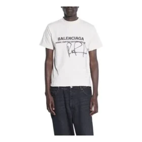 Balenciaga x RuPaul gemeinsam signiertes FW21-Shirt mit Buchstabenprint und rundem Kragen, Herren, Weiß 670943TLV579057