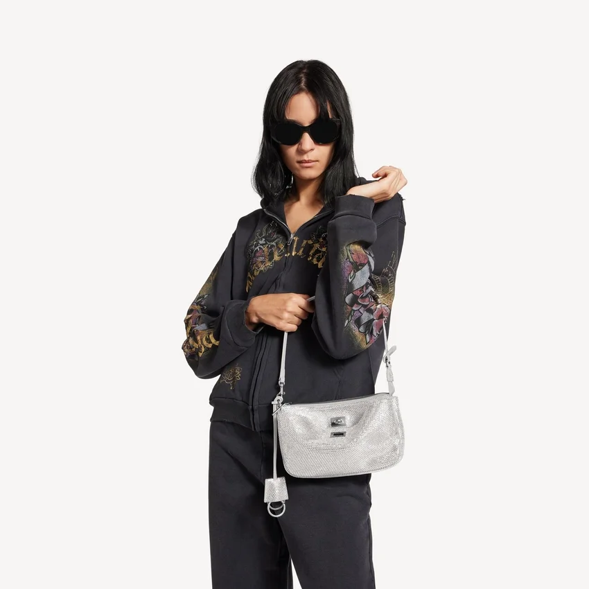 Damen-Rodeo-Sling-Pochette mit Strasssteinen in Rauchgrau Damen-Rodeo-Sling-Pochette mit Strasssteinen in Rauchgrau