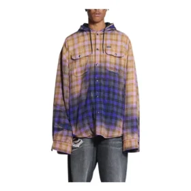 Gebleichtes kariertes Langarm-Kapuzenshirt „Purple Beige“ 699223TMM095212