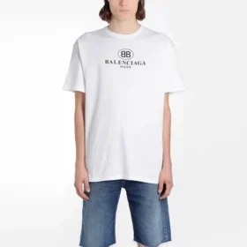 Herren-T-Shirt von Balenciaga mit Logo-Print, Rundhalsausschnitt und kurzen Ärmeln, weiß 556150TYK239000