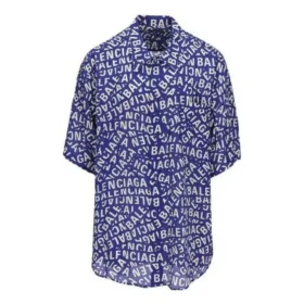 Logo Strips Minimal Seidenhemd „Blue Dirty White“ 681813TNL054644