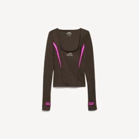Tailliertes Langarm-Techwear-Oberteil für Damen in Khaki-Braun/Neon-Pink Tailliertes Langarm-Techwear-Oberteil für Damen in Khaki-Braun/Neon-Pink