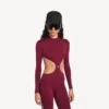 Techwear-Bodysuit für Damen mit Cut-outs in Burgunderrot/Aqua Techwear-Bodysuit für Damen mit Cut-outs in Burgunderrot/Aqua